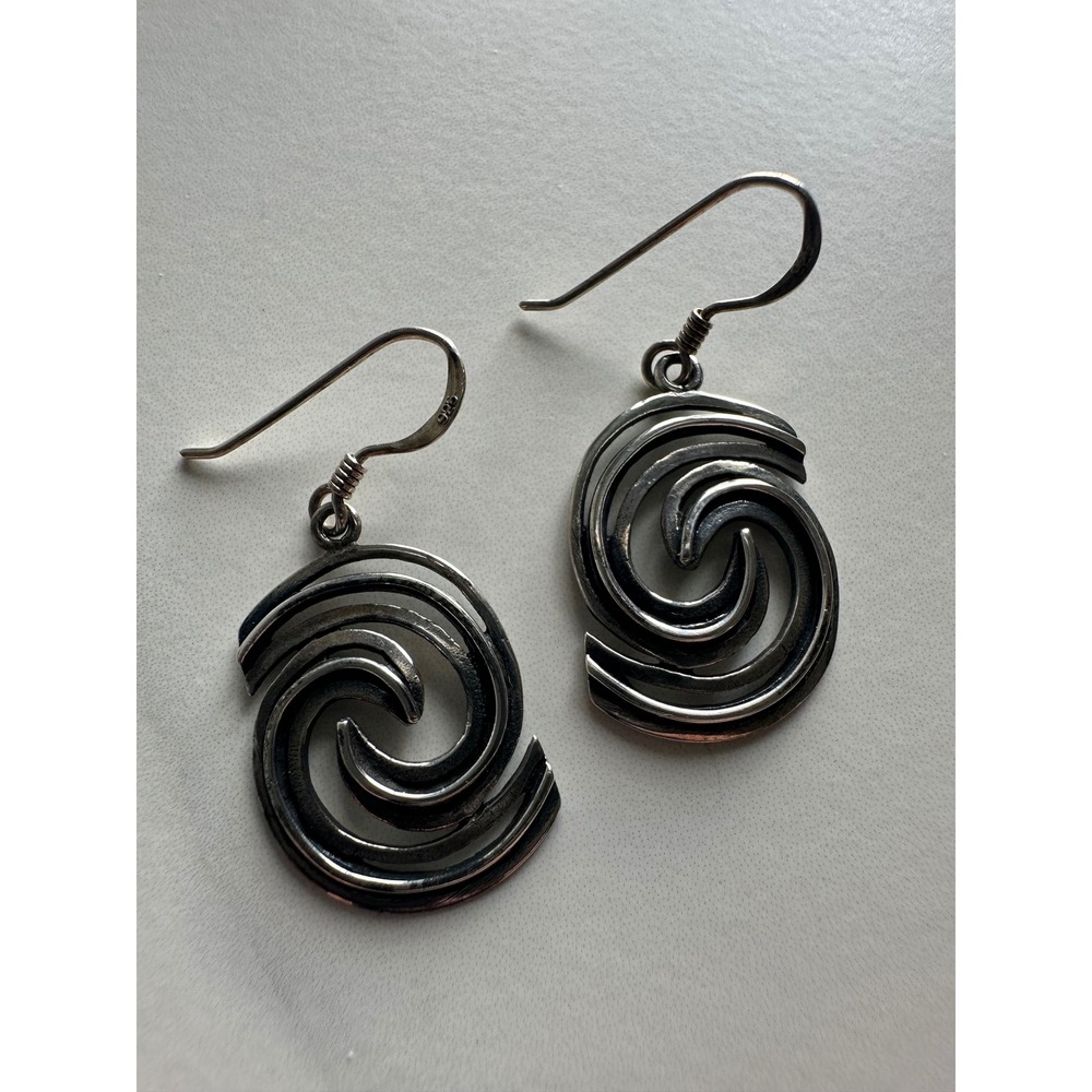 Vintage 925 Sterling Silver Spiral Swirl Drop Dangle Earrings Oxidized Boho